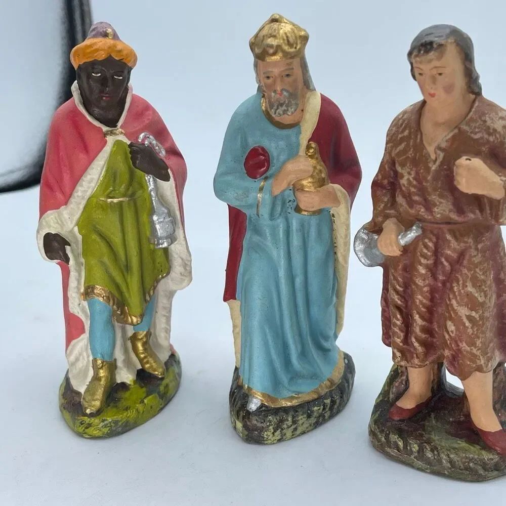 Vintage German paper-mache The 3 kings nativity pieces.